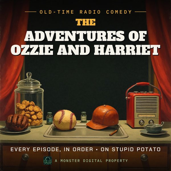 Illustrated cover for The Adventures of Ozzie and Harriet: a cheerful 1940s family kitchen, a cookie jar, two boys' baseball gloves on the counter and a table radio