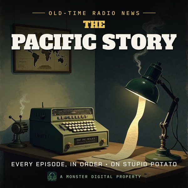 Illustrated cover for The Pacific Story: a 1940s network radio newsroom at night, a ribbon microphone on a cluttered desk beside a teletype machine spilling a long curl of paper, a world map with pins on the wall, a green-shaded desk lamp, cigarette smoke curling in the lamplight
