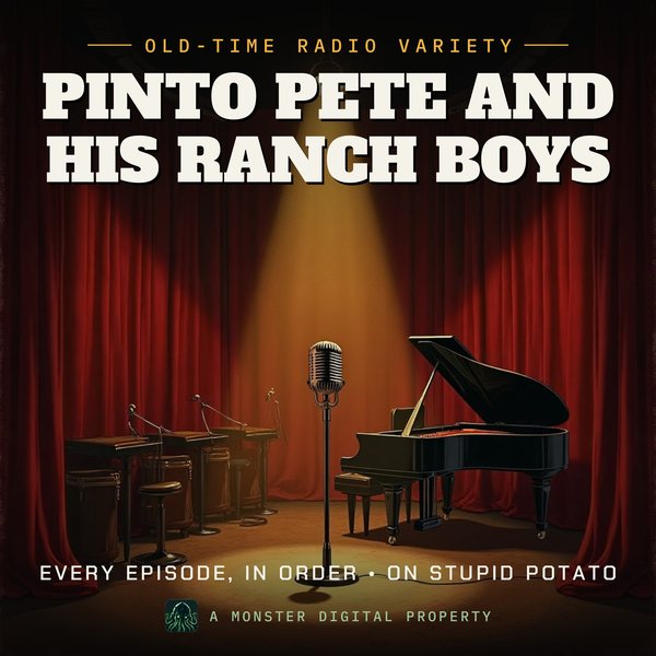 Illustrated cover for Pinto Pete and His Ranch Boys: a 1940s network radio studio stage with a big band's empty music stands, a grand piano, and a ribbon microphone in a spotlight before red velvet curtains