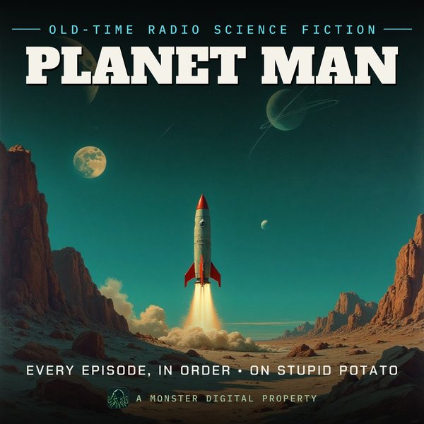 Illustrated cover for Planet Man: a lone retro rocket standing on a strange rocky planet, two moons and glowing rings in the sky