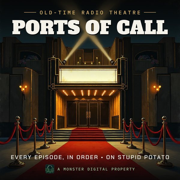 Illustrated cover for Ports of Call: the front of a 1930s art-deco movie palace on premiere night, crossed searchlight beams in the sky, a red carpet and velvet ropes, a blank glowing marquee