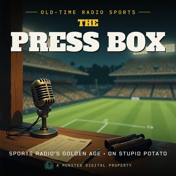 Illustrated cover for The Press Box: an empty 1940s stadium press box at dusk, a vintage microphone on the ledge beside binoculars and a scorecard