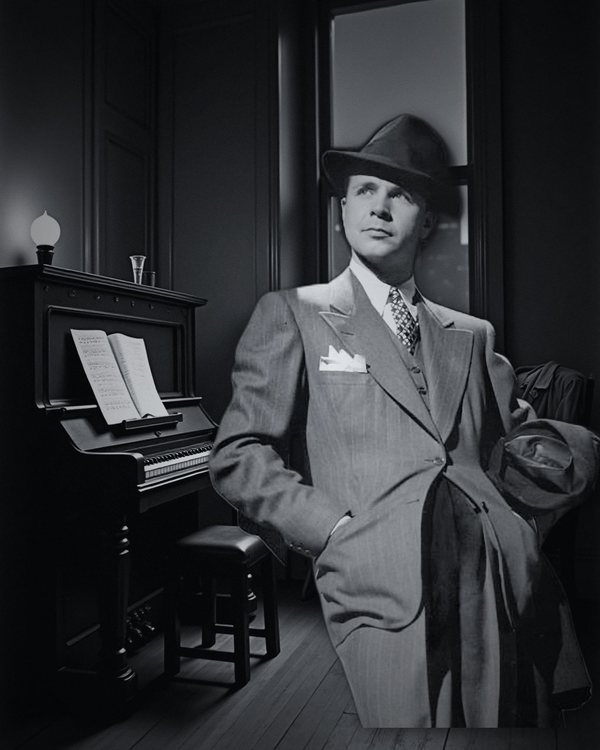 Dick Powell in a fedora beside a piano in a New York apartment at night