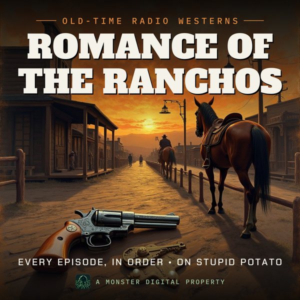Illustrated cover for Romance of the Ranchos: the dry-gulch scene