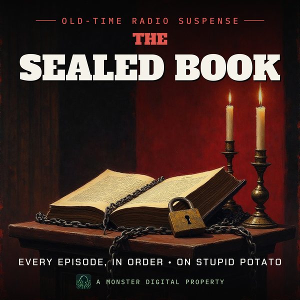 Illustrated cover for The Sealed Book: a huge ancient book bound in iron chains and a padlock on a lectern, candlelight