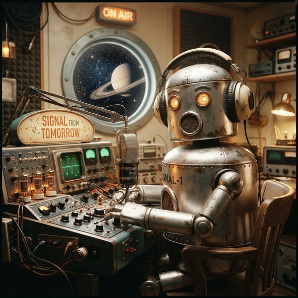 A friendly 1950s tin robot in headphones at an atomic-age radio console, a ringed planet through the porthole