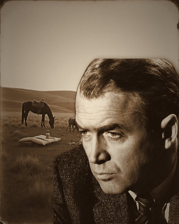 Black-and-white close-up of James Stewart in a tweed jacket and tie