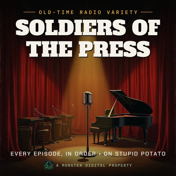 Illustrated cover for Soldiers of the Press: a 1940s network radio studio stage with a big band's empty music stands, a grand piano, and a ribbon microphone in a spotlight before red velvet curtains