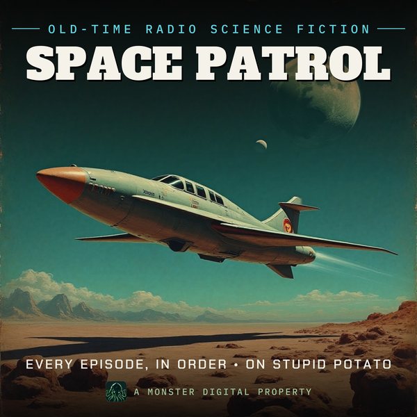 Illustrated cover for Space Patrol: a sleek finned 1950s rocket ship flying low over a cratered alien moon, a ringed planet on the horizon