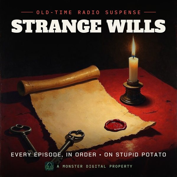 Illustrated cover for Strange Wills: an old will on parchment with a red wax seal beside an antique inkwell and a key, candlelight