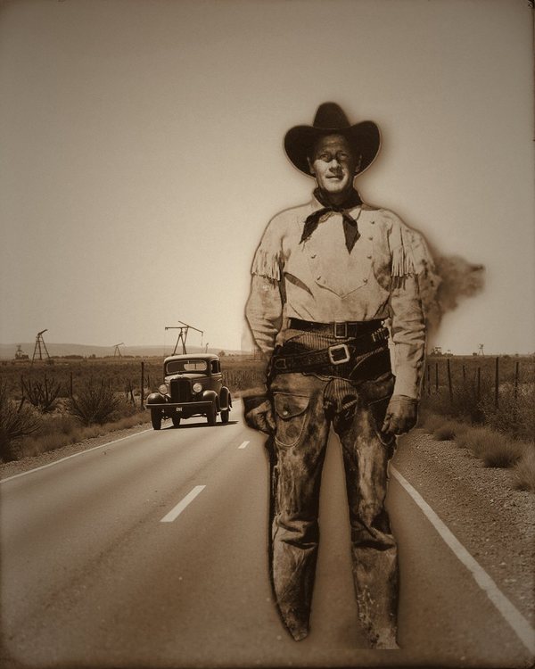 Joel McCrea in cowboy hat, neckerchief, fringed shirt and chaps beside his horse, in a 1950 NBC Radio publicity photo for Tales of the Texas Rangers