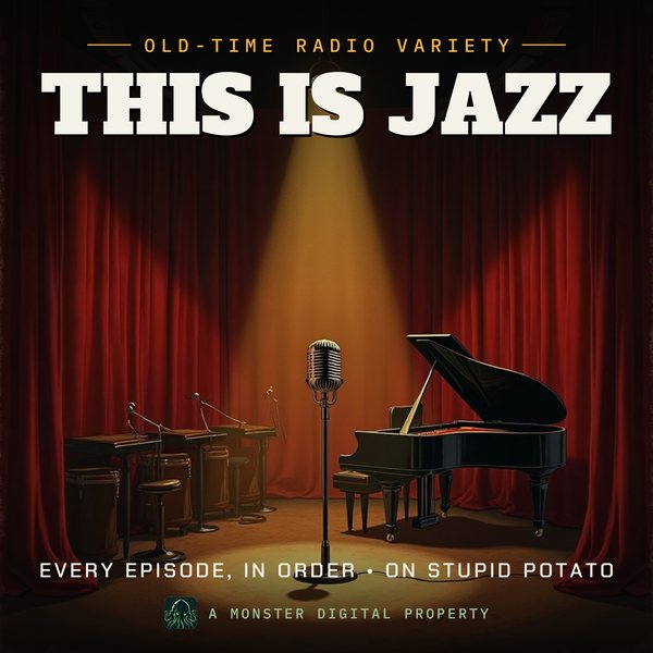 Illustrated cover for This Is Jazz: a 1940s network radio studio stage with a big band's empty music stands, a grand piano, and a ribbon microphone in a spotlight before red velvet curtains