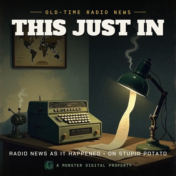 Illustrated cover for This Just In: a 1940s network radio newsroom at night, a ribbon microphone beside a teletype machine, a world map with pins on the wall