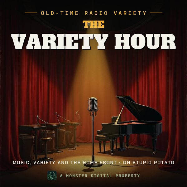Illustrated cover for The Variety Hour: a 1940s network radio studio stage with a big band's empty music stands, a grand piano, and a ribbon microphone in a spotlight before red velvet curtains