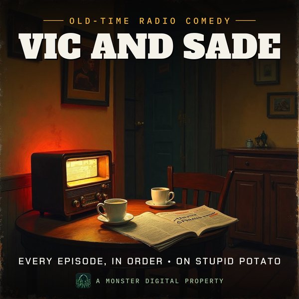 Illustrated cover for Vic and Sade: a small 1930s Midwestern kitchen at evening, a folded newspaper and two coffee cups on the table, a table radio glowing