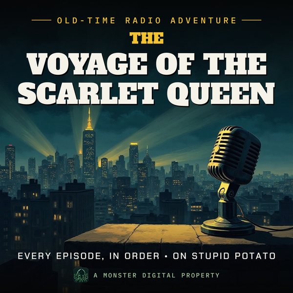 Illustrated cover for The Voyage Of The Scarlet Queen: a 1940s city skyline at night seen from a high rooftop ledge, searchlight beams sweeping the clouds, a vintage radio microphone on the ledge