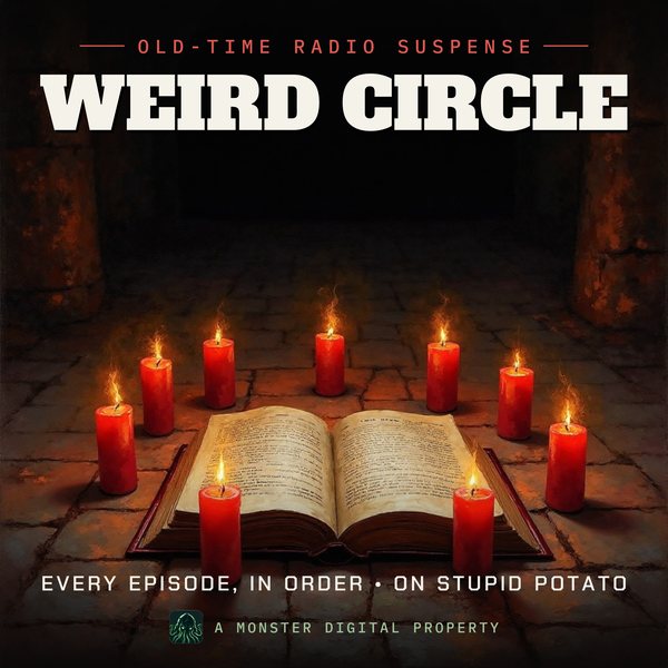 Illustrated cover for Weird Circle: a ring of guttering candles on an old stone floor around an open antique book of tales