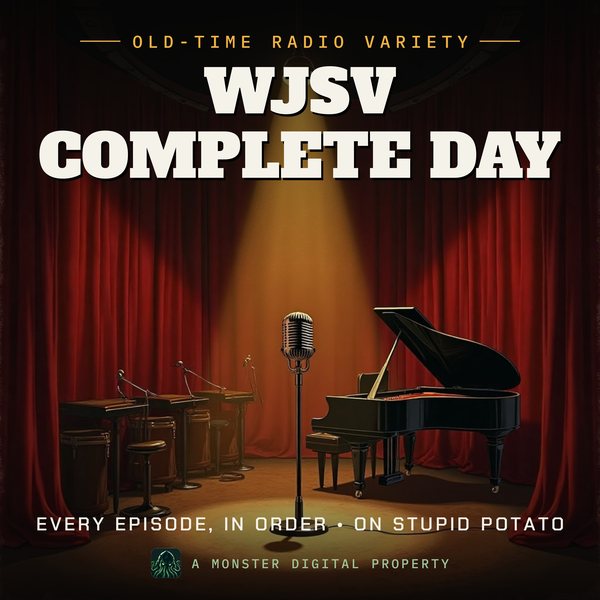 Illustrated cover for WJSV Complete Day: a 1940s network radio studio stage with a big band's empty music stands, a grand piano, and a ribbon microphone in a spotlight before red velvet curtains