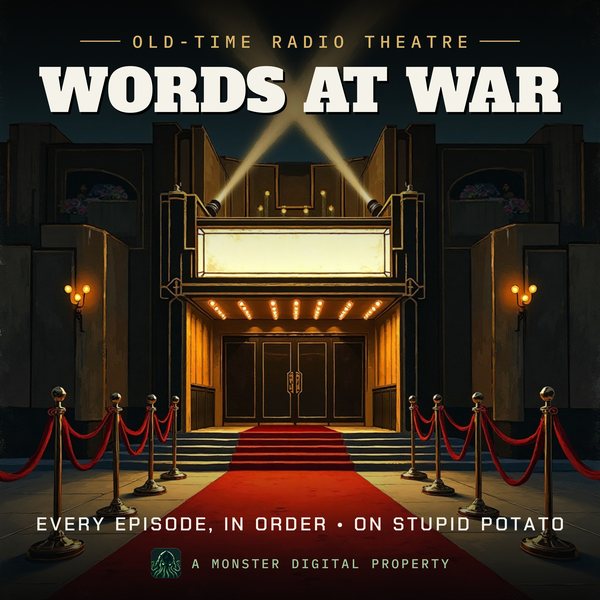 Illustrated cover for Words at War: the front of a 1930s art-deco movie palace on premiere night, crossed searchlight beams in the sky, a red carpet and velvet ropes, a blank glowing marquee