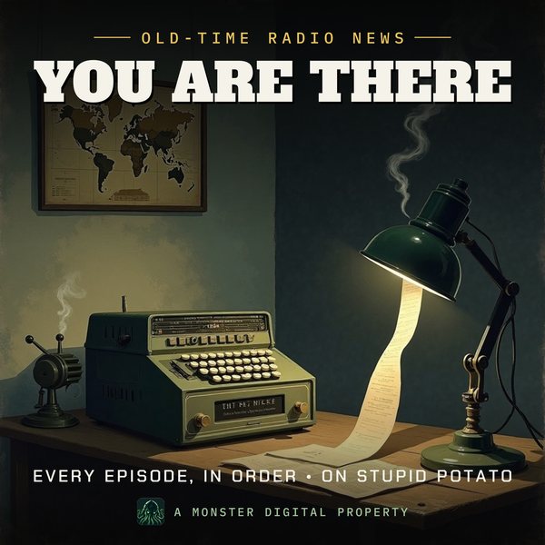 Illustrated cover for You Are There: a 1940s network radio newsroom at night, a ribbon microphone on a cluttered desk beside a teletype machine spilling a long curl of paper, a world map with pins on the wall, a green-shaded desk lamp, cigarette smoke curling in the lamplight